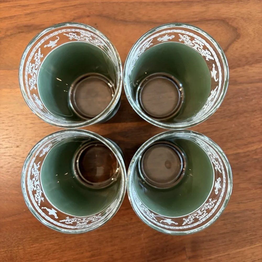 Jeannette Glass Hellenic Green 6 Oz Juice  Grecian Lot Of 4 MCM Greek Jasperware